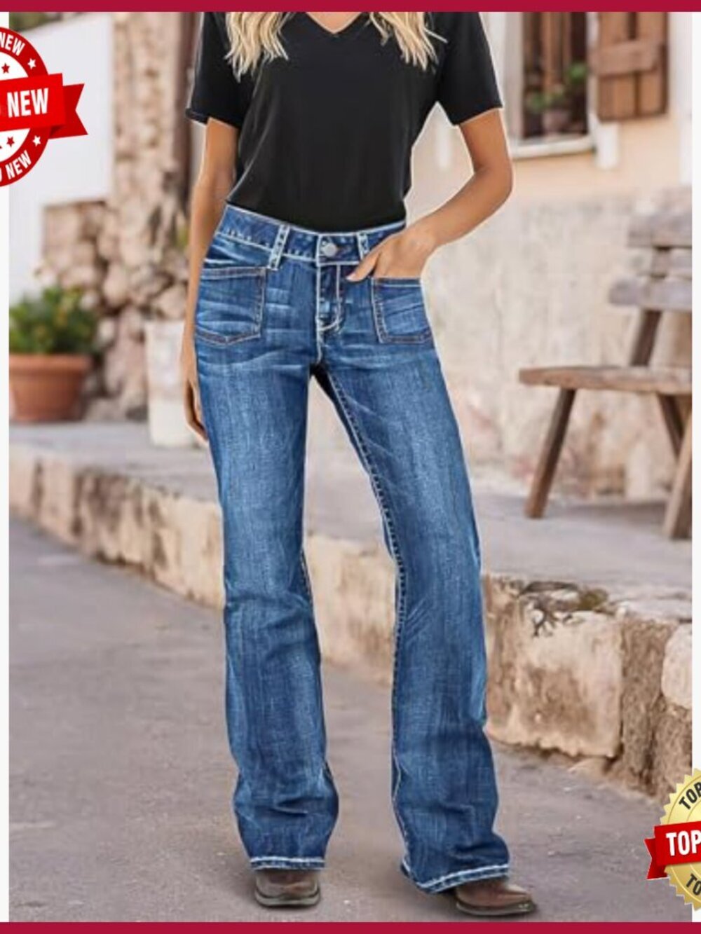 Mid Rise Bootcut Jeans Stretchy Denim Pants with Patch Pockets - Picture 2 of 7